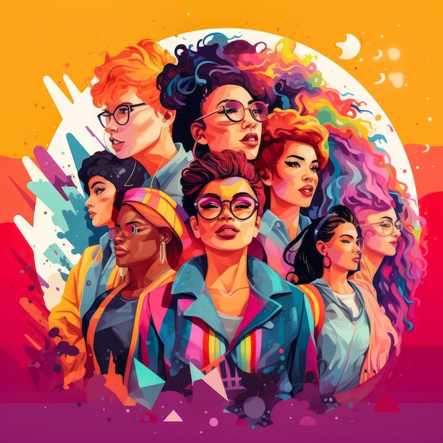 Artwork illustration vector banner or background depicting the lesbian community with diverse people