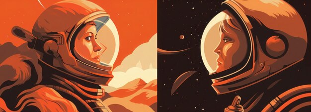 The artwork includes two versions of an astronaut and a woman looking out in the style of warm color palette generative ai