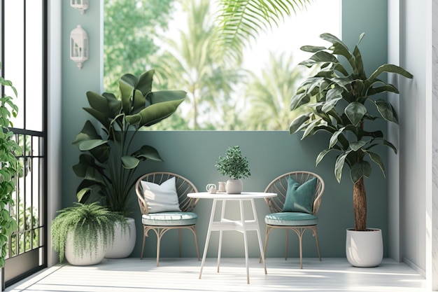 Artwork interior scene and mockup balcony seating modern and tropical style