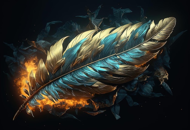 the artwork is composed of fire and gold leaves in the style of futuristic digital art