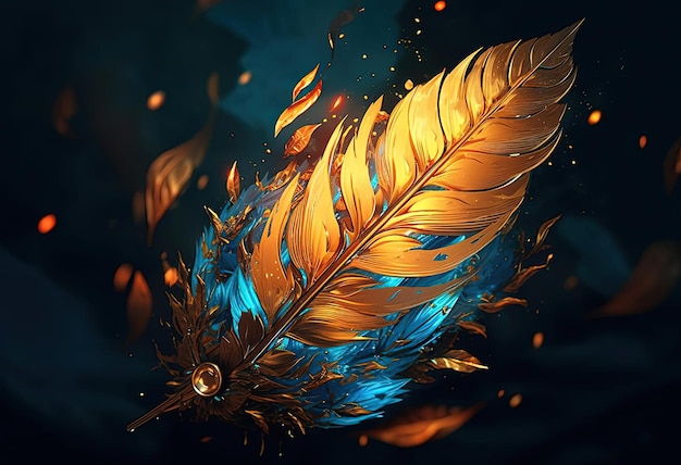 the artwork is composed of fire and gold leaves in the style of futuristic digital art