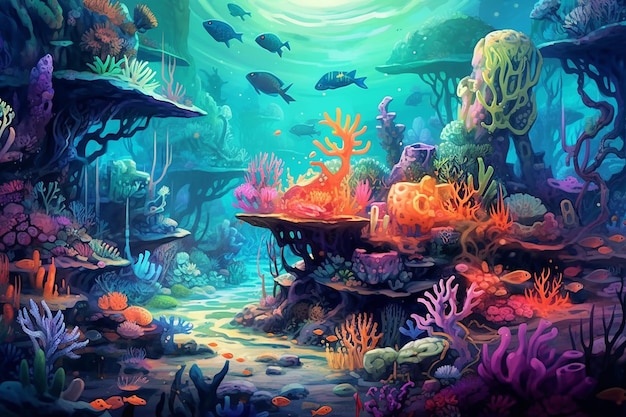 artwork of a mythical underwater world with vibrant color AI generated