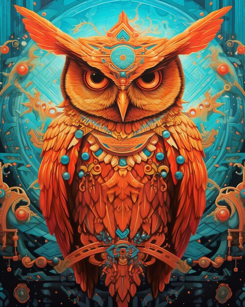 Artwork of an owl in orange with otherworldly symbols