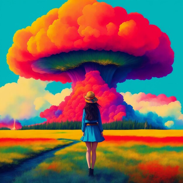 Photo artwork of people or person standing on a field watching a dynamic colorful nuclear cloud