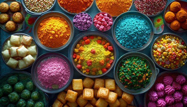 Photo an artwork showcasing traditional holi sweets and dishes