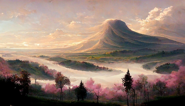 artwork sketch of natural peaceful illustration. fabulous watercolor landscape of mountains, flowers
