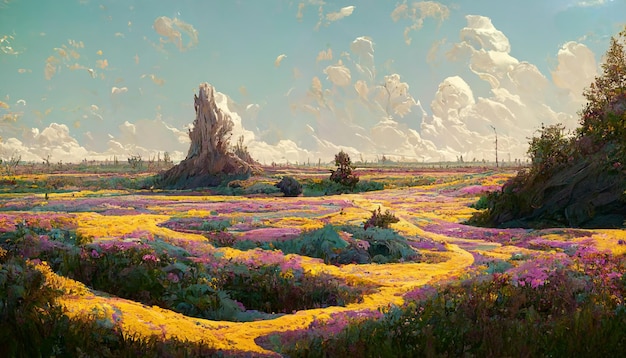 자연의 평화로운 삽화의 삽화 밑그림입니다. 산, 꽃의 멋진 수채화 풍경