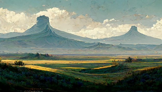 artwork sketch of natural peaceful illustration. fabulous watercolor landscape of mountains, flowers