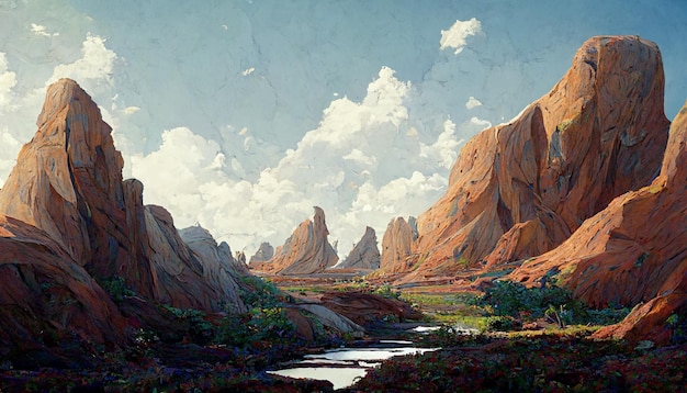 自然の平和なイラストのアートワーク スケッチ。山、花の素晴らしい水彩風景