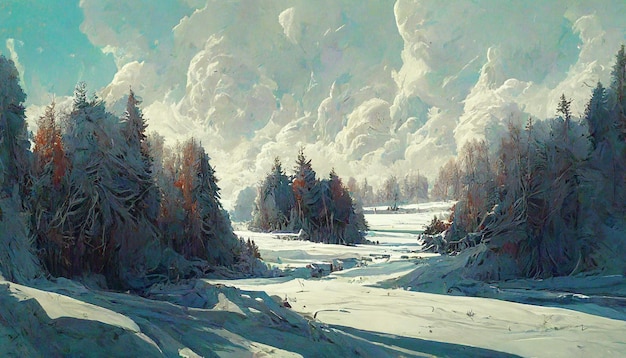 artwork sketch of natural peaceful illustration. fabulous watercolor landscape of mountains, flowers