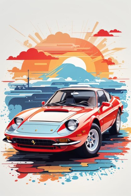 artwork of tshirt graphic design flat design of one retro car Ferrari Dino 426 GT 34 view colo