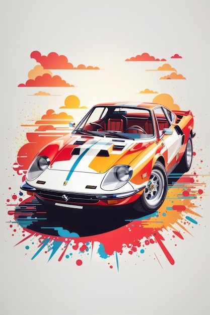 artwork of tshirt graphic design flat design of one retro car Ferrari Dino 426 GT 34 view colo