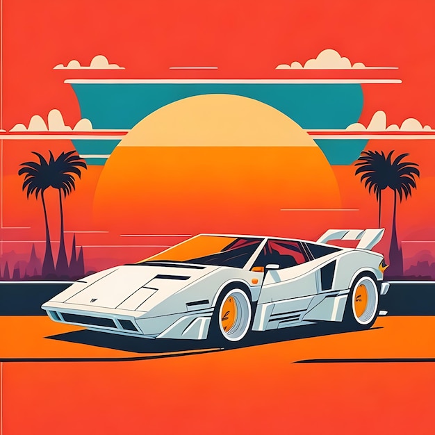 artwork of tshirt graphic design flat design of one retro Ferrari white Miami colorful shades