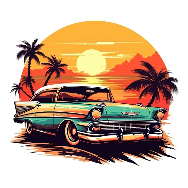 Photo artwork of tshirt graphic design flat design of one retro retro car