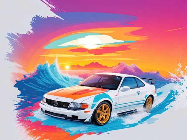 Artwork of tshirt graphic design one sport car drift generative ai