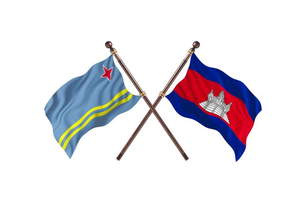 Aruba versus Cambodia Two Countries Flags Background