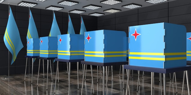 Aruba voting booths and national flags in polling station election concept 3D illustration