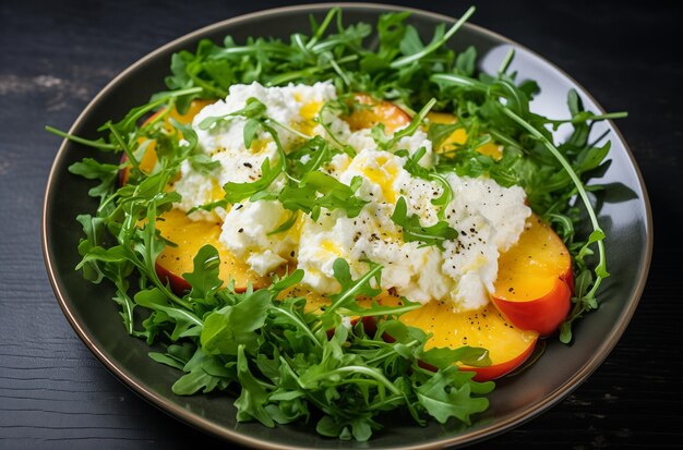 Arugula en perzik salade met ricotta kaas