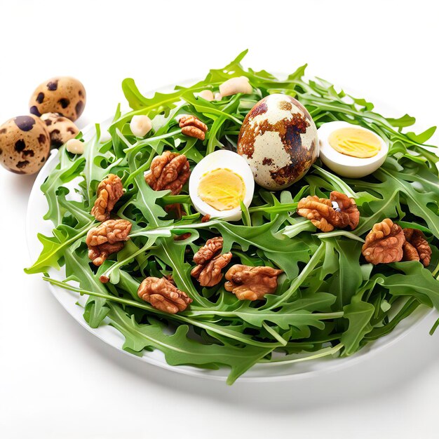 Arugula salad with turkey nuts and quail eggs on white background