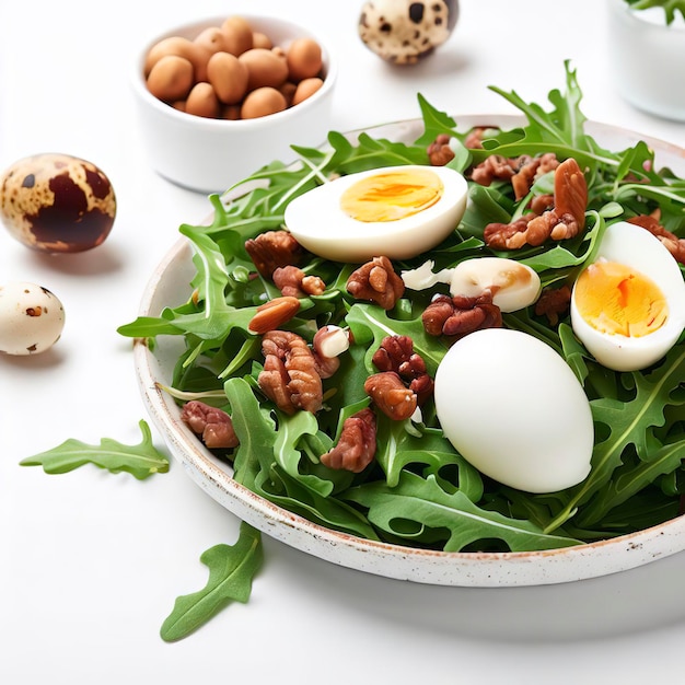 Arugula salad with turkey nuts and quail eggs on white background