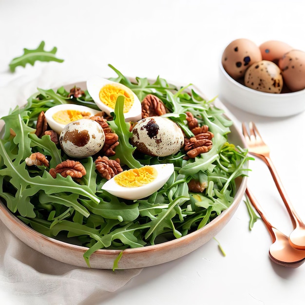 Arugula salad with turkey nuts and quail eggs on white background