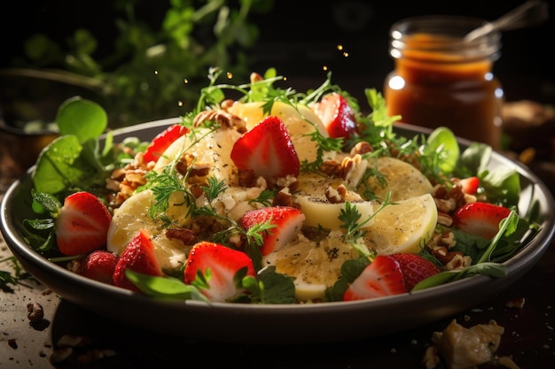 Arugula-salade met aardbeien en noten in een landenscenario generatieve IA