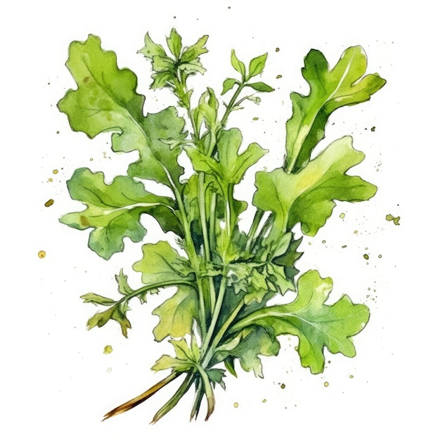 Arugula in watercolor style with ink outline on white background generative AI