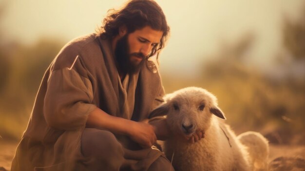 As a compassionate shepherd Jesus Christ tenderly cares for a lone missing lamb in this warmtoned soft image evoking solace and hope