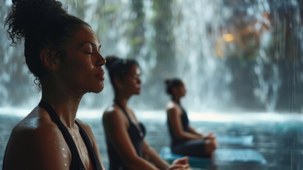 As the gentle sound of a waterfall fills the dome a group of individuals practice deep breathing