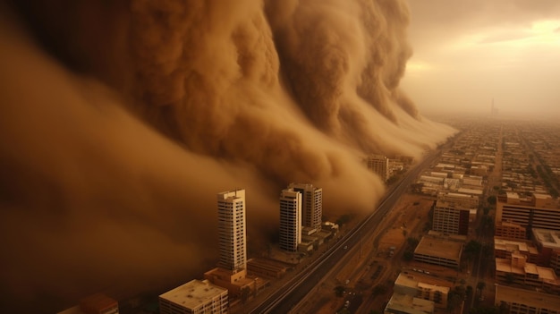 As if viewed through a dark lens a powerful sandstorm blankets a desert city in a sinister birds eye