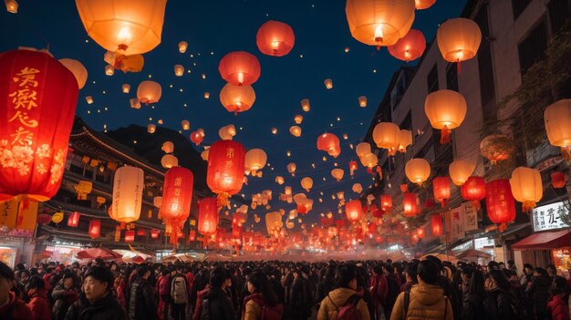 As the main event of 2014 Pingxi Sky Lantern Festival at Shifen Sky Lantern Square on the Fifteenth day of Lunar New Year Lantern Festival Feb 14 2014 Taipei