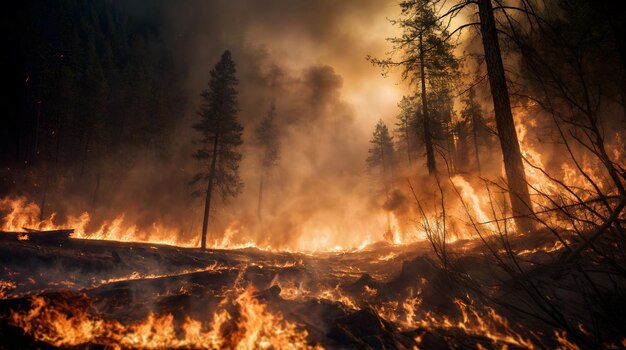 Foto mentre un massiccio incendio boschivo infuria sugli alberi sono inghiottiti dalle fiamme generativa ai