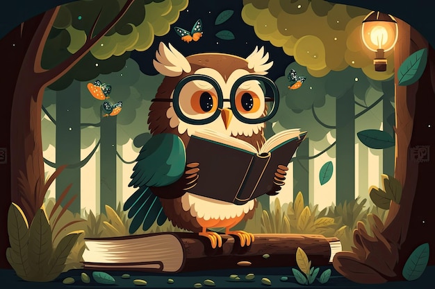 As a metaphor for learning or school here we see a cartoon owl wearing glasses and reading