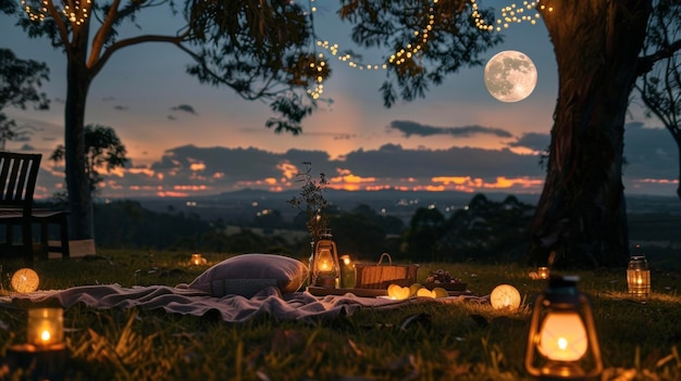 As the moon casts its soft glow the picnic blankets are spread out on the soft grass adorned with