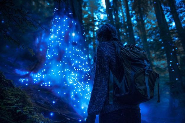 Photo as night falls the bioluminescent forest comes ali generative ai