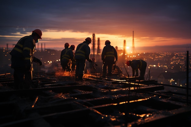 As night falls the construction site silhouette reveals crane and laborers