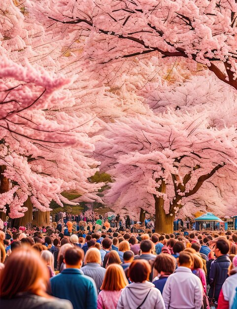 Foto come di persone che camminano in un parco con alberi rosa