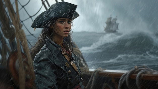 As the rain pours down the pirate captain barks orders to her crew her voice ting through the sound