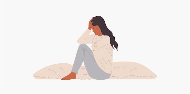 Photo as she sits in bed a distressed and overwhelmed woman is distressed and overwhelmed