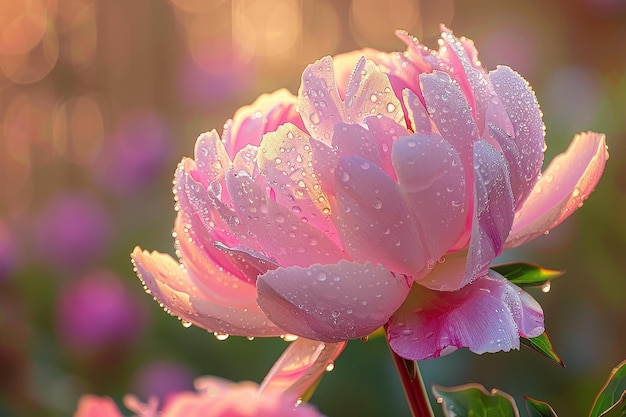 As the Sun Rises Glistening Morning Dew Adorns the Delicate Petals of a Blooming Pink Peony