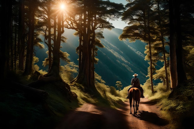 Foto mentre il sole tramontava dietro le montagne la stanca viaggiatrice a cavallo si ritrovò