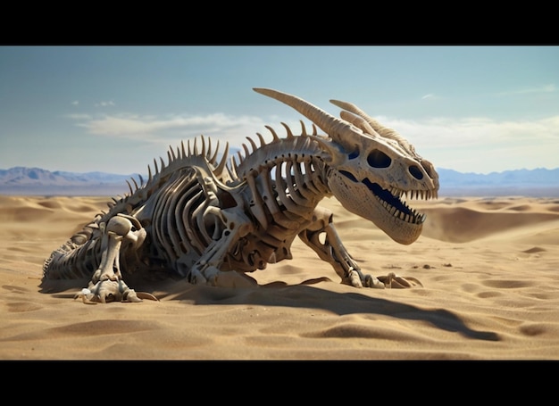 As the sun sets over the desert the hulking dragon skeleton rises from the sand