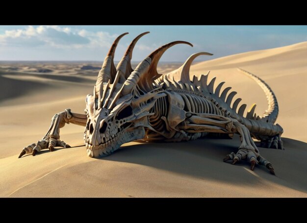 As the sun sets over the desert the hulking dragon skeleton rises from the sand