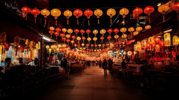 日が沈むと,夕方の市場は, 活気のある魅力で変身し, 祝祭的な中国のランターで飾られています.