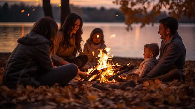 Photo as the sun sets the family gathers outdoors around a crackling bonfire the warmth of their connect