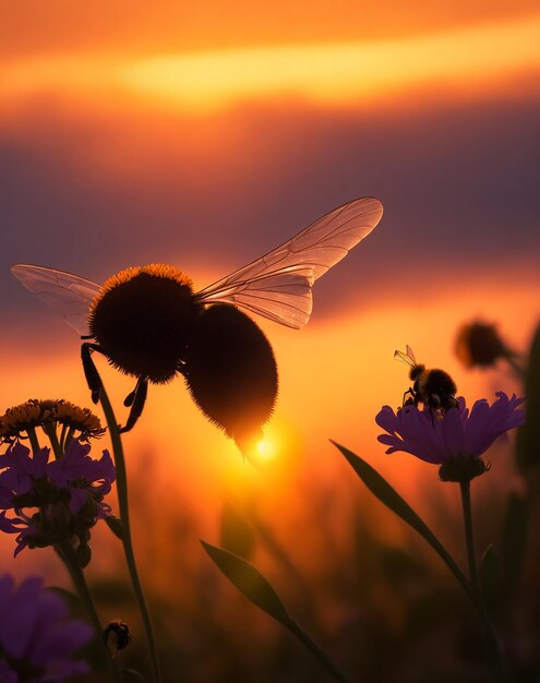 As the sun sets over the horizon a lone bumble