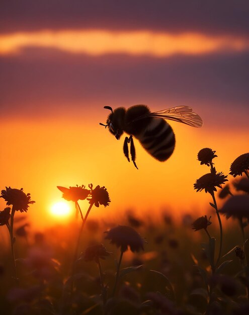 As the sun sets over the horizon a lone bumble