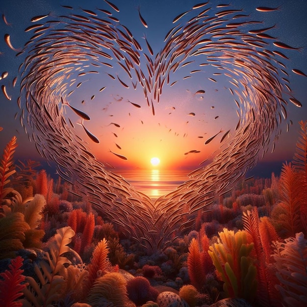 Photo as the sun sets on the ocean floor a group of newborn fish create a heart shape