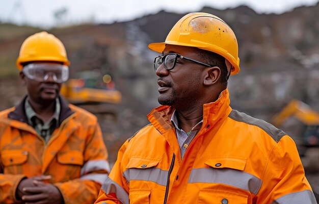 Premium Photo  As a team of two diverse men engineers work at a  construction site they check the area outside while donning hard hats for  safety and conversing and debating