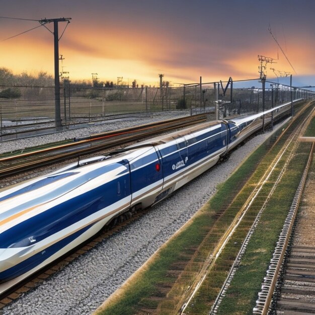 写真 太陽が地平線に沈むと 滑らかな高速列車が 鉄道線路に沿って速く走ります